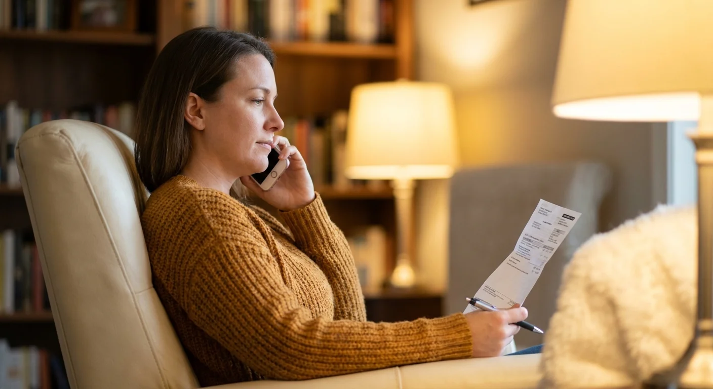 A person in a knit sweater calmly talking on the phone while holding a bill.
