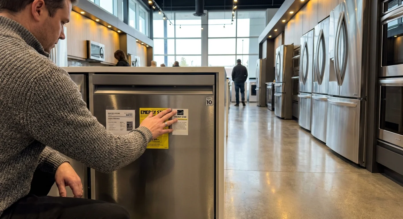 A person in a quiet showroom inspecting the price tag and features of a new dishwasher on a weekday.