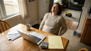 A person sitting at a kitchen table with utility bills and a laptop, looking relieved in a sunlit, comfortable home setting.