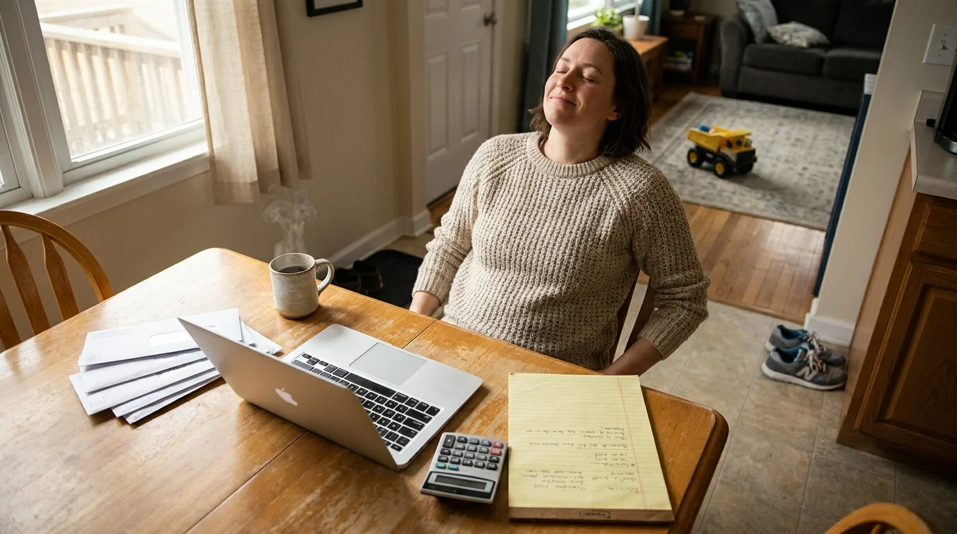 A person sitting at a kitchen table with utility bills and a laptop, looking relieved in a sunlit, comfortable home setting.