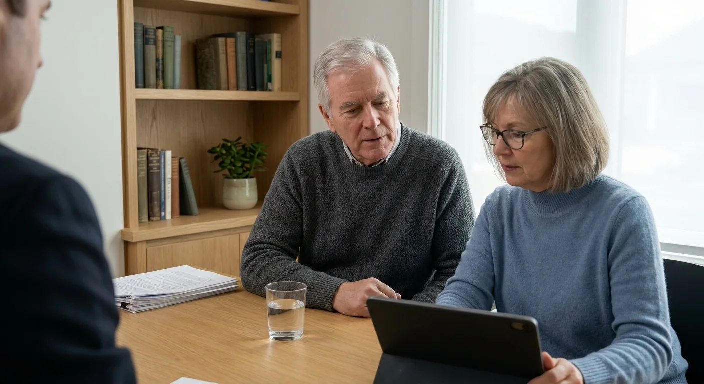 A photo of a senior couple in a meeting, listening intently as they plan their travel finances.