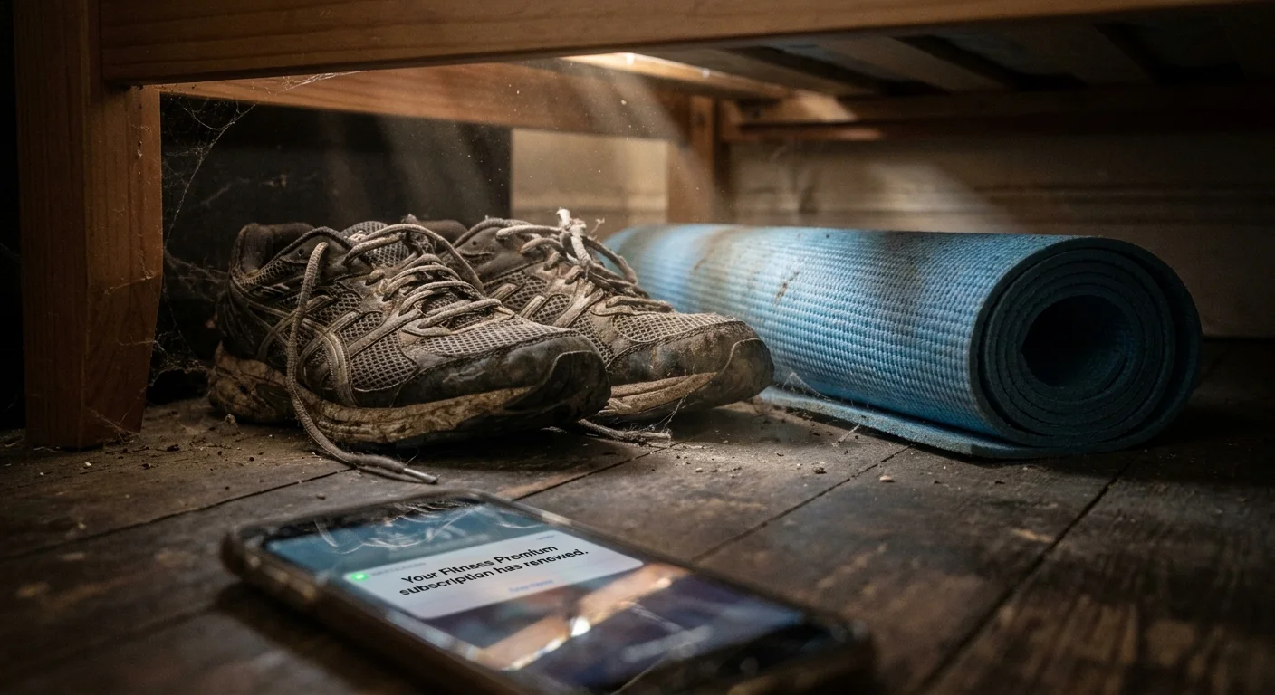 A photo of dusty workout gear under a bed with a smartphone showing a fitness app subscription renewal notification.