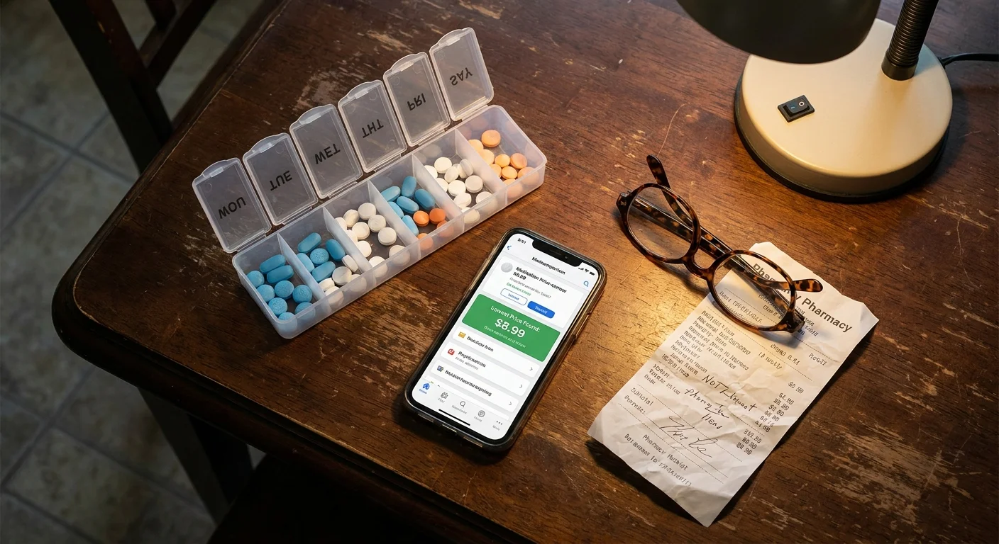 A pill organizer next to a smartphone showing a price comparison app for prescription medications.