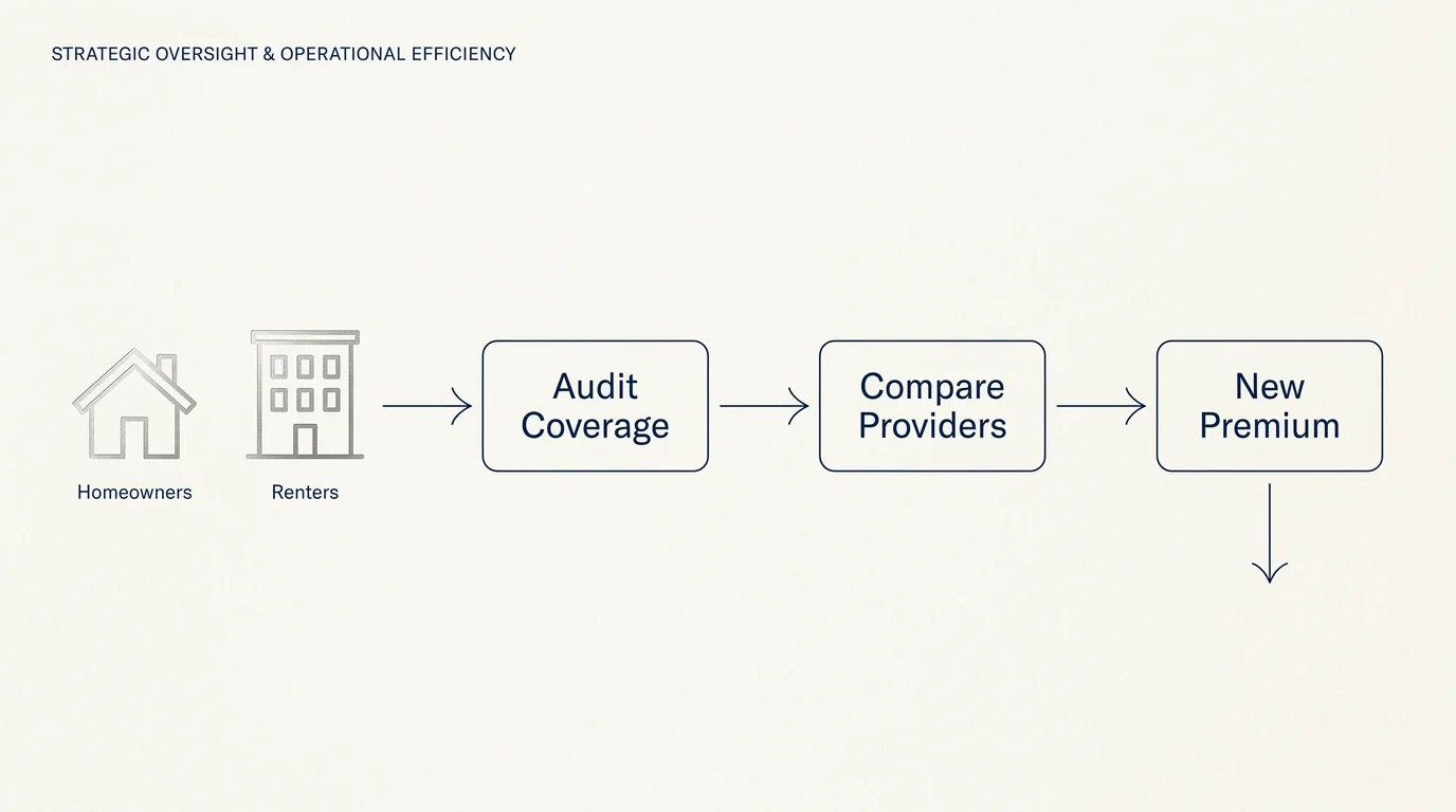 A professional flowchart showing the steps to audit and lower homeowners or renters insurance premiums.
