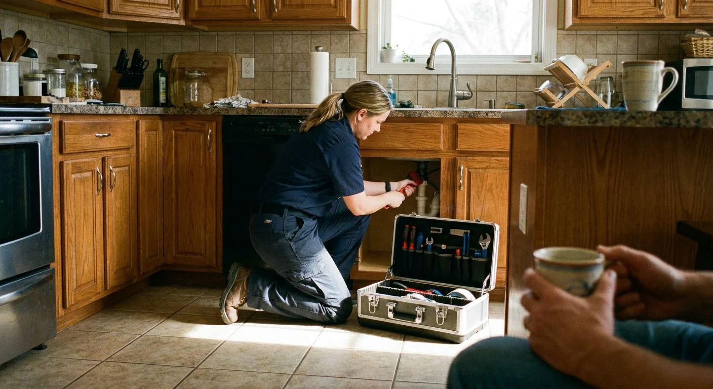 A professional service technician performing a routine repair in a bright kitchen during a weekday appointment.