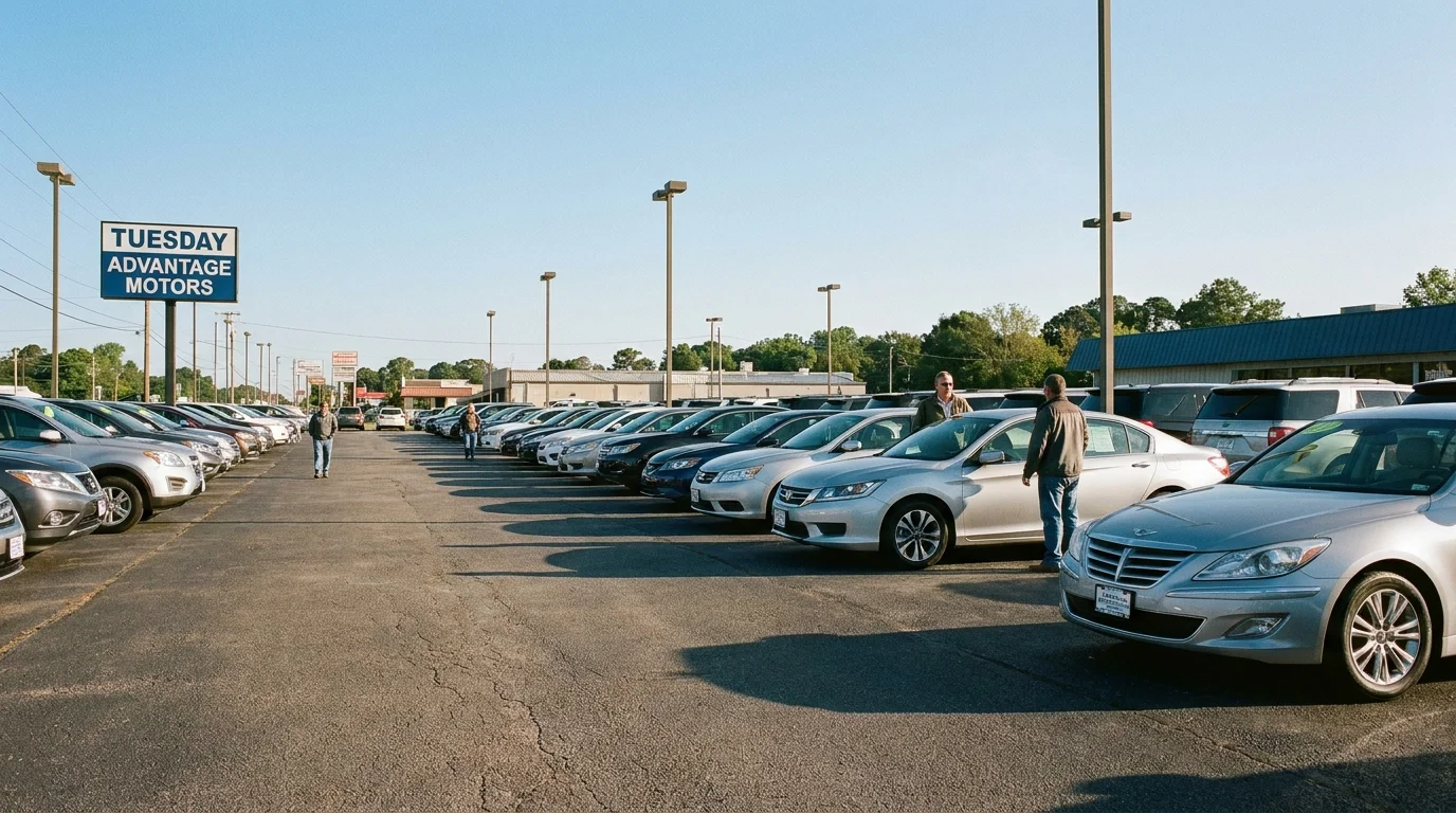 A quiet car dealership lot on a Tuesday morning with a salesperson and customer talking in a relaxed environment.