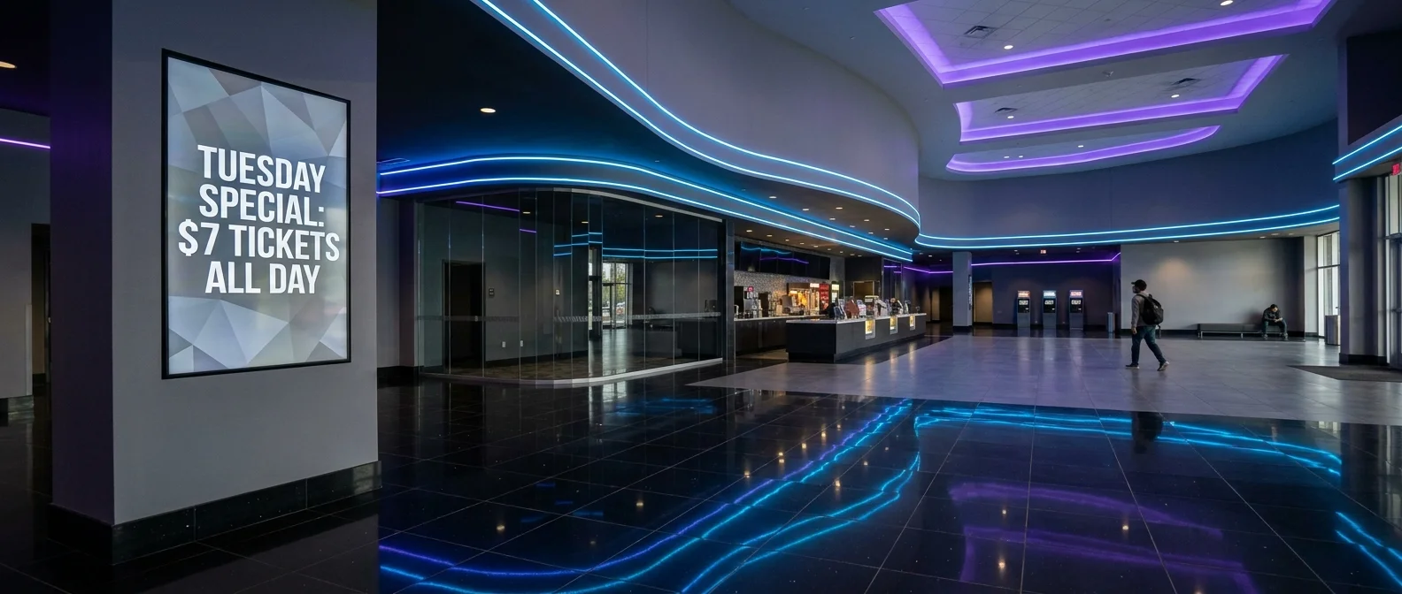 A quiet movie theater lobby with a digital sign advertising discounted tickets for Tuesday showtimes.