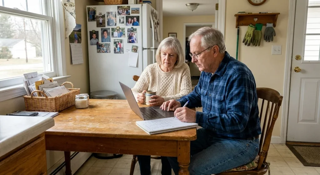 A retired couple sits at their kitchen table, focused on a laptop and a notebook together in a sunlit, comfortable home setting.