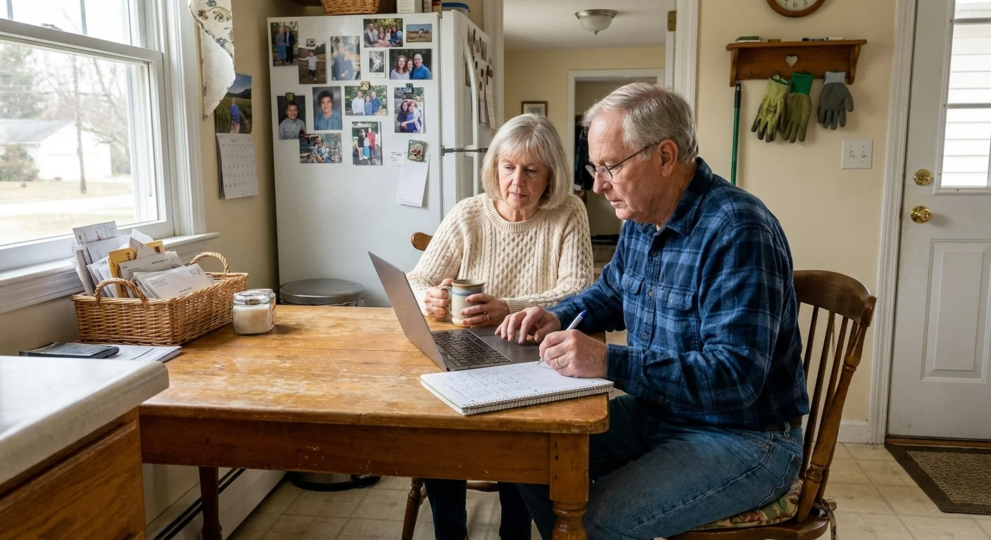 A retired couple sits at their kitchen table, focused on a laptop and a notebook together in a sunlit, comfortable home setting.