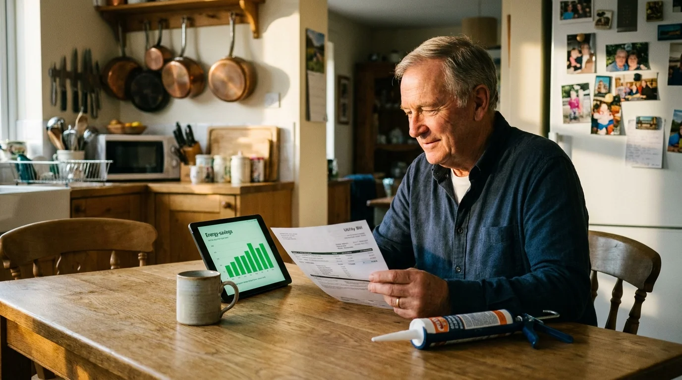 A senior man at his kitchen table reviewing a utility bill and a digital energy graph in warm afternoon light.