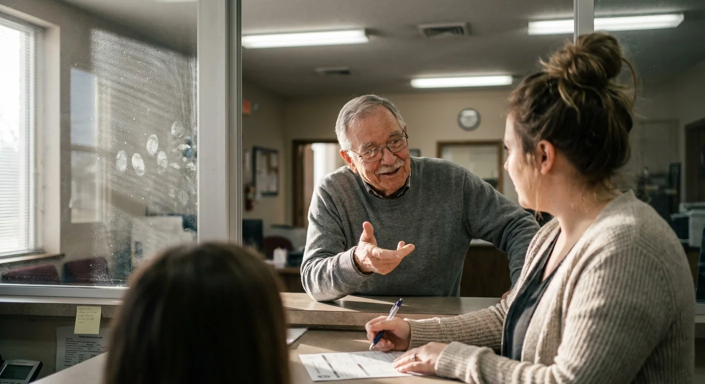 A senior man having a conversation with a clerk at a DMV service desk.