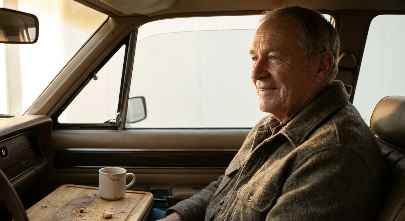 A senior man looking out his car window with a confident and relaxed smile.
