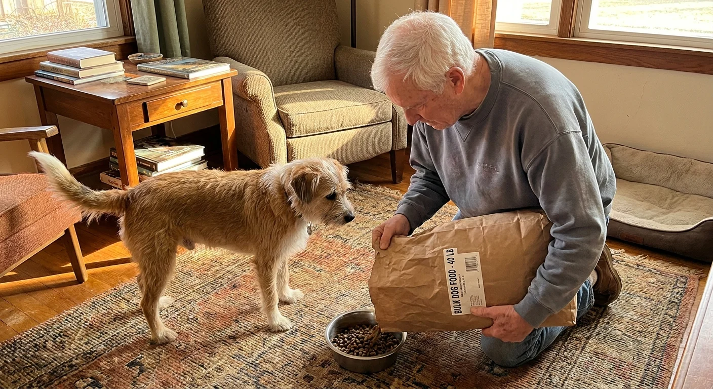 A senior man pours kibble from a large bulk bag into a dog's bowl in a sunny living room.