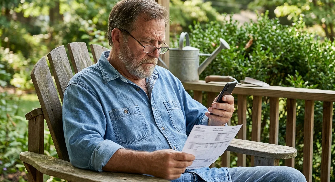 A senior man sitting on his porch, comparing his paper phone bill to information on his smartphone.