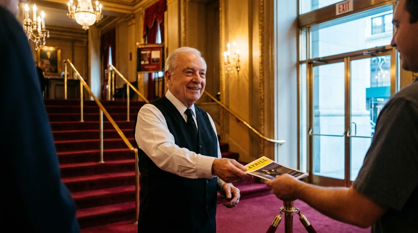 A senior volunteer usher in a vest handing out playbills in a grand theater lobby.