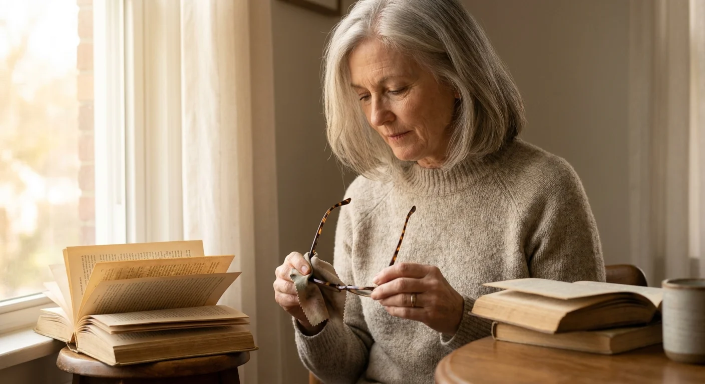 A senior woman carefully cleaning her eyeglasses with a cloth near a window.