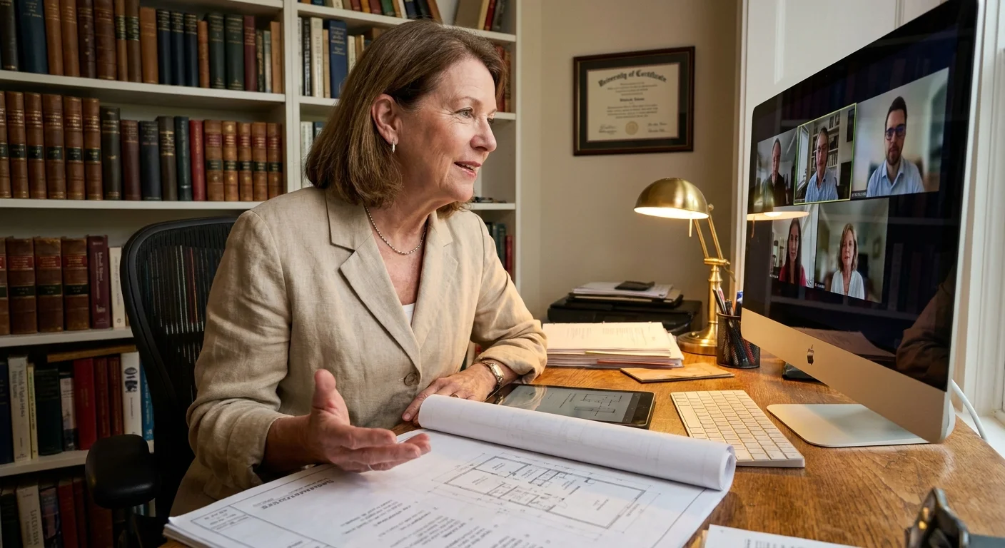 A senior woman in a home office conducts a professional consulting call while looking at blueprints on her desk.