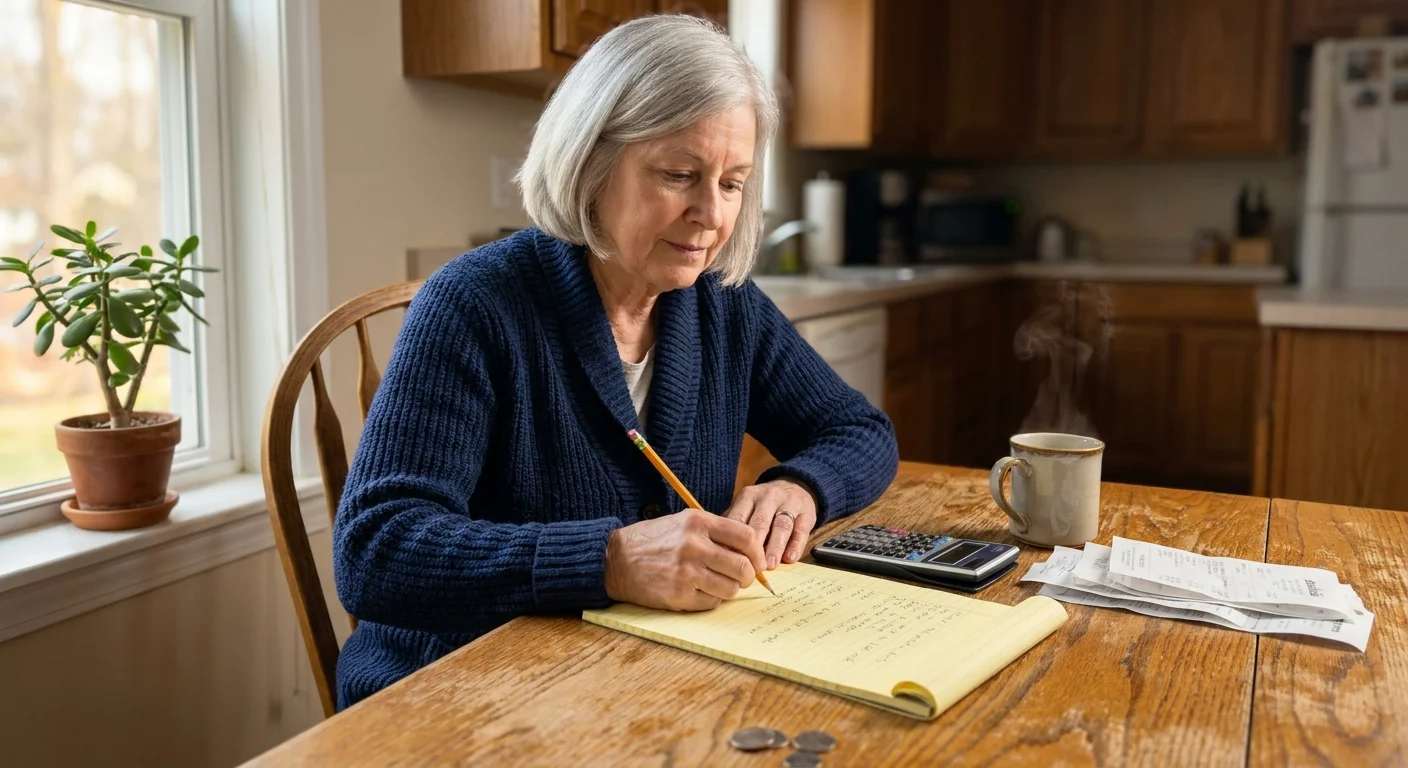 A senior woman sits at her kitchen table with a calculator and notepad, carefully reviewing her household expenses in the morning light.