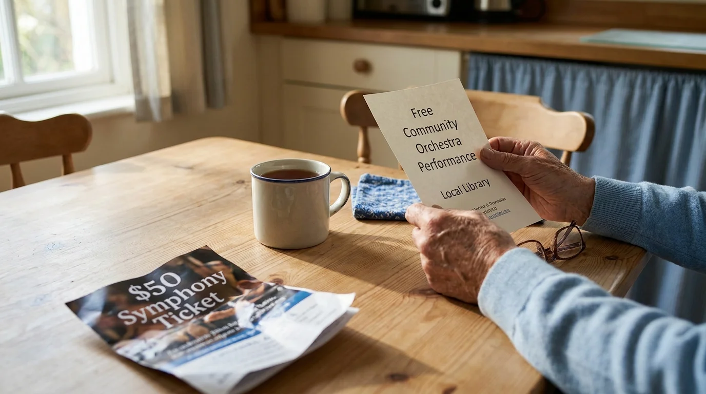 A senior's hands holding a free community orchestra flyer next to a discarded expensive symphony ticket brochure.