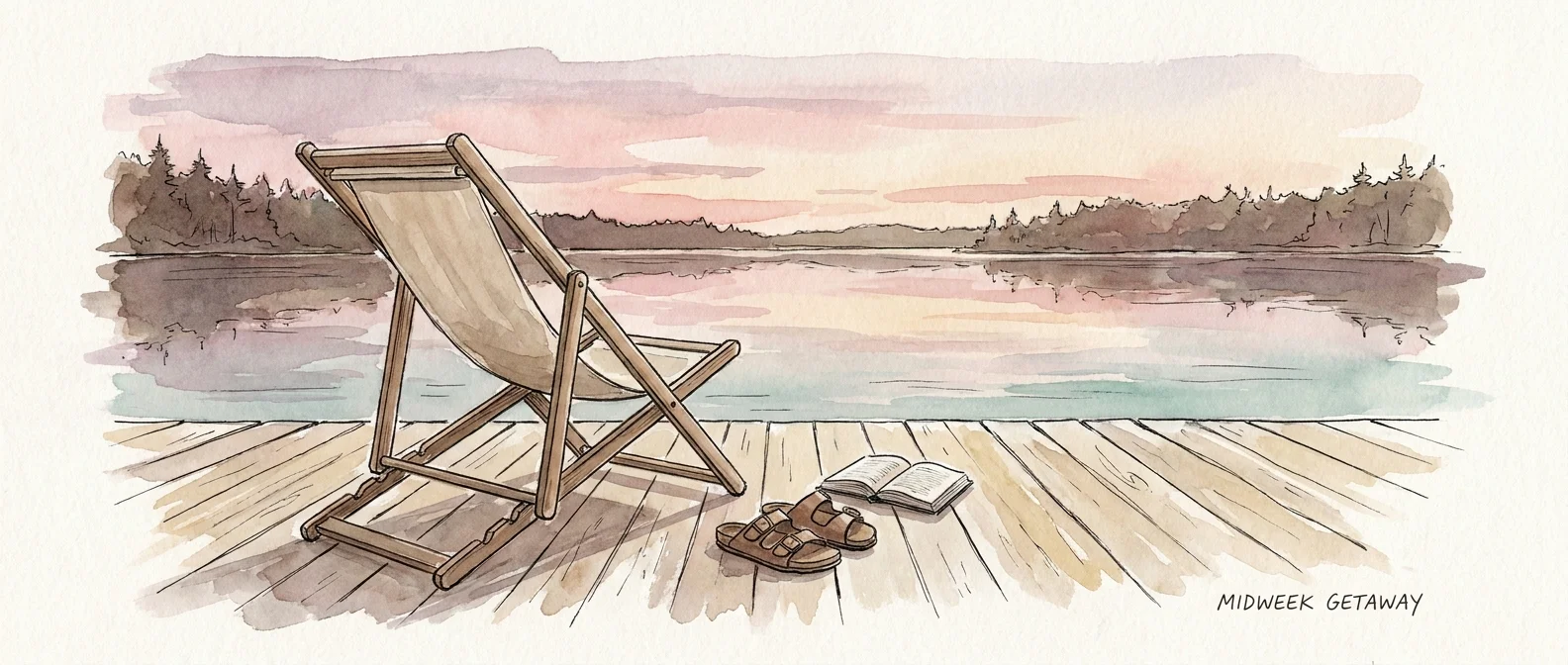 A serene watercolor illustration of a quiet lakeside deck, symbolizing the peace of a mid-week leisure trip.