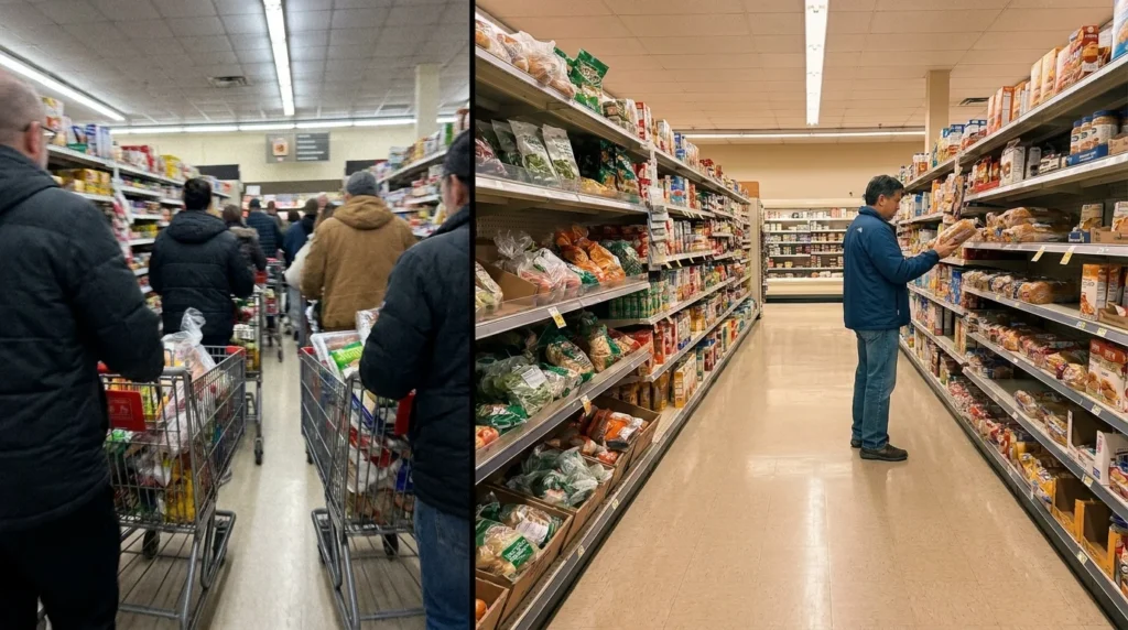 A split-screen comparison showing a crowded, stressful weekend grocery store versus a calm, organized weekday shopping experience.