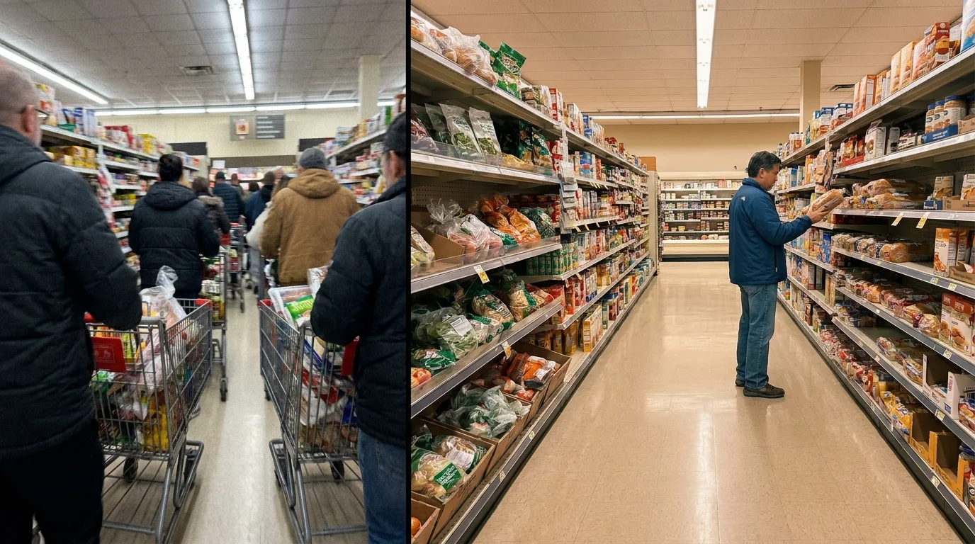 A split-screen comparison showing a crowded, stressful weekend grocery store versus a calm, organized weekday shopping experience.