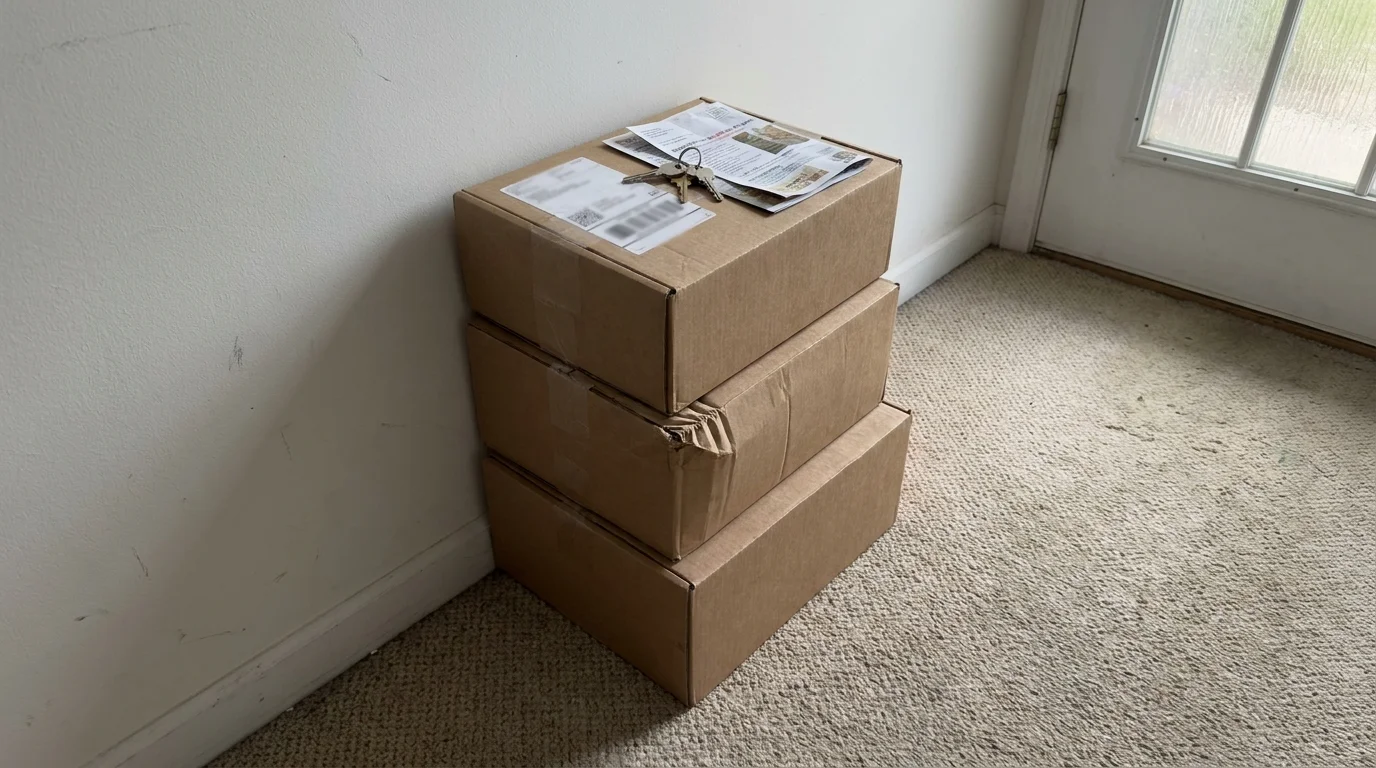 A stack of three unopened subscription boxes sitting in a hallway corner, representing unused physical subscriptions.
