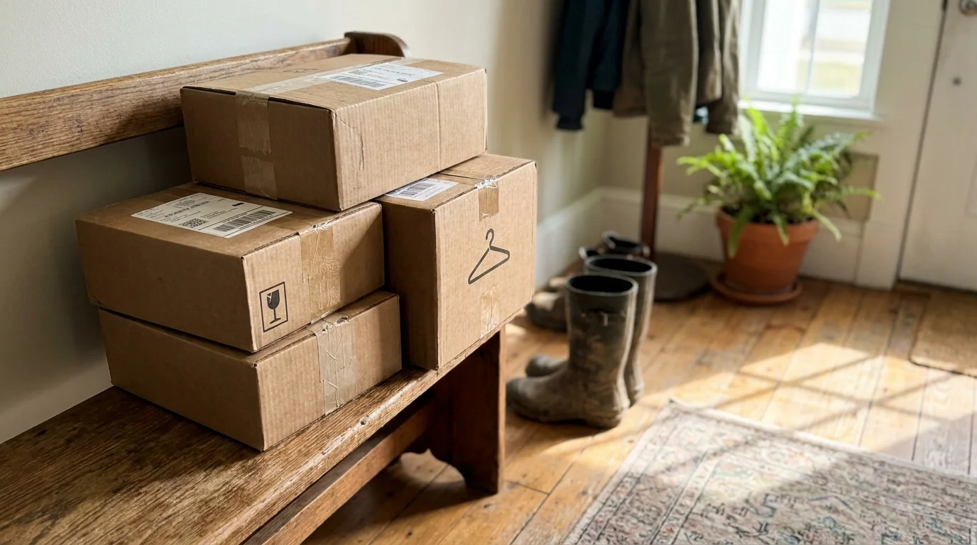 A stack of unopened subscription boxes sitting on a bench near a front door in a sunlit entryway.