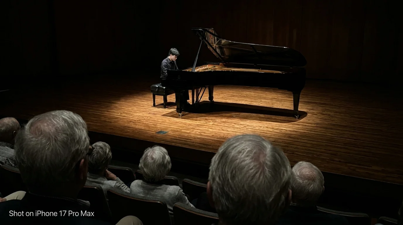 A student pianist performing on stage viewed from the audience during a free university concert.