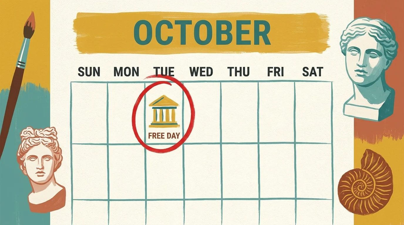 A stylized calendar illustration with a museum icon and 'Free Day' circled on a Tuesday.