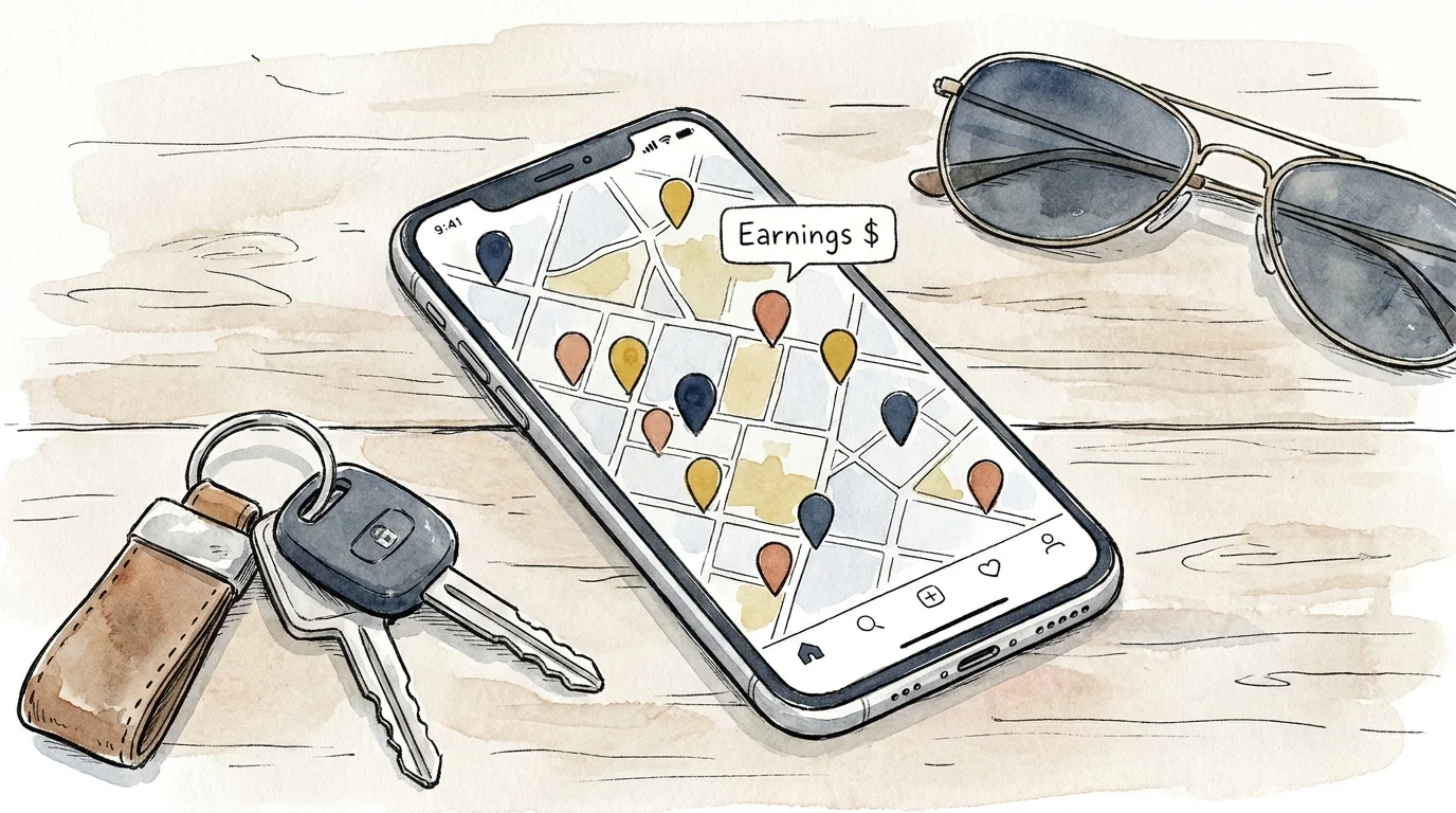 A stylized watercolor illustration of a smartphone with map pins next to car keys and sunglasses on a wooden table.