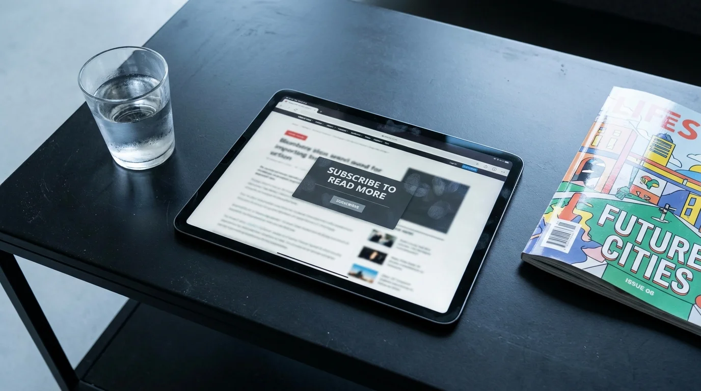 A tablet showing a subscription paywall sitting on a coffee table next to a physical magazine.