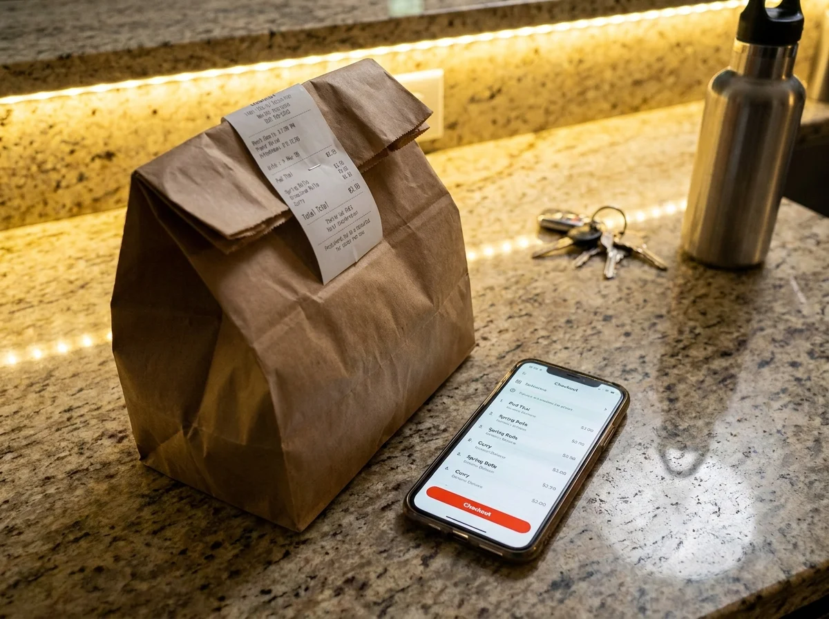 A takeout bag on a kitchen counter next to a phone showing a delivery app checkout screen.