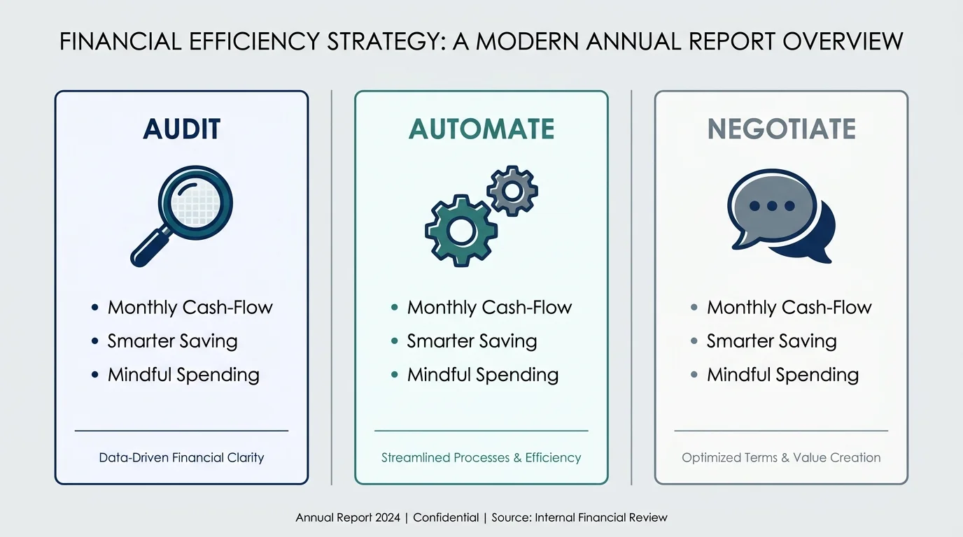 A three-panel infographic showing the strategies: Audit, Automate, and Negotiate.