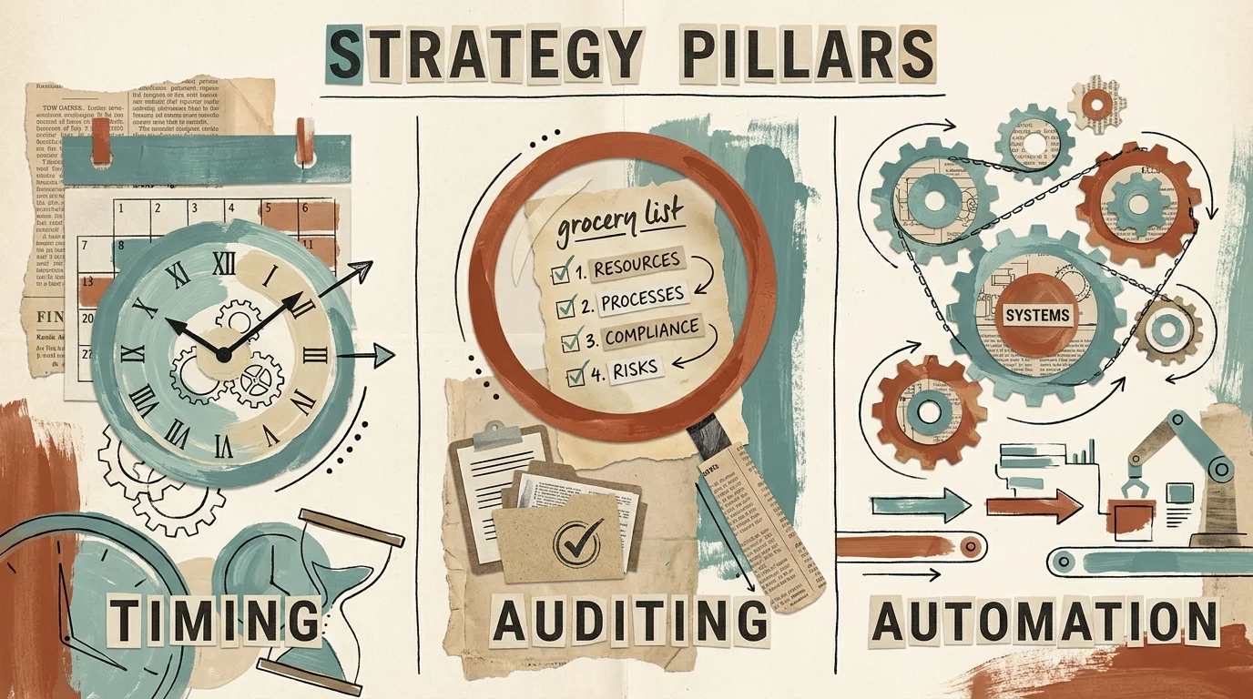 A three-part collage illustration representing the pillars of grocery savings: Timing, Auditing, and Automation.