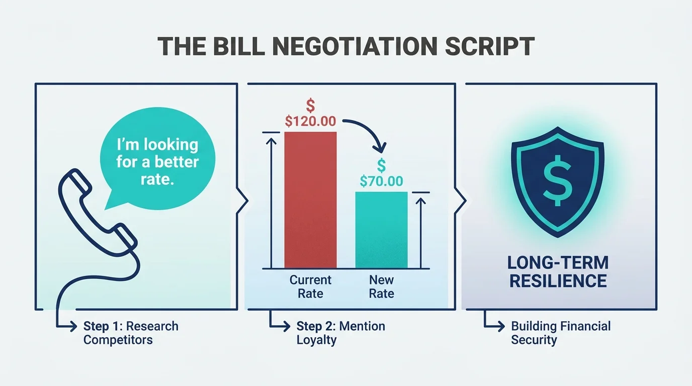 A three-part infographic showing a phone call icon, a rate comparison chart, and a savings shield icon.