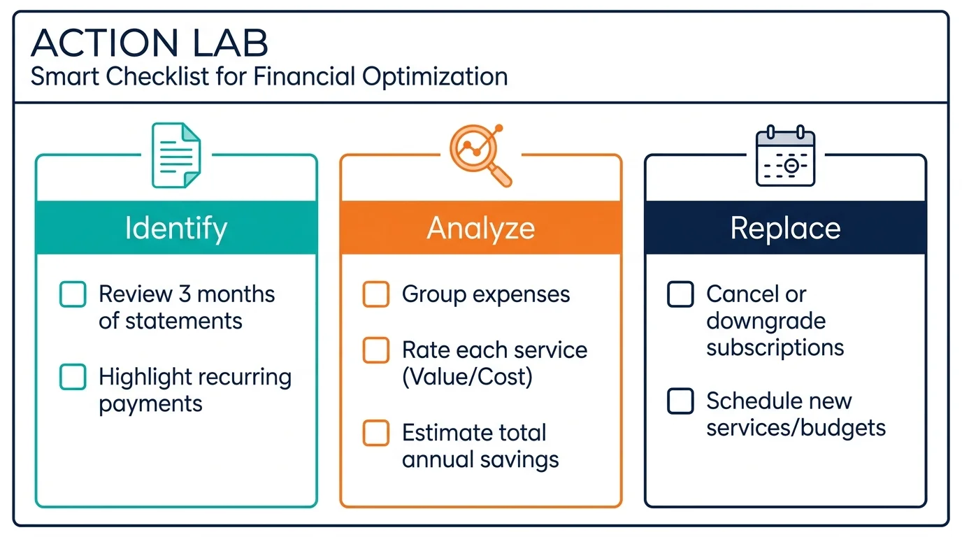 A three-step checklist diagram for conducting an entertainment audit, featuring icons for identifying and analyzing expenses.