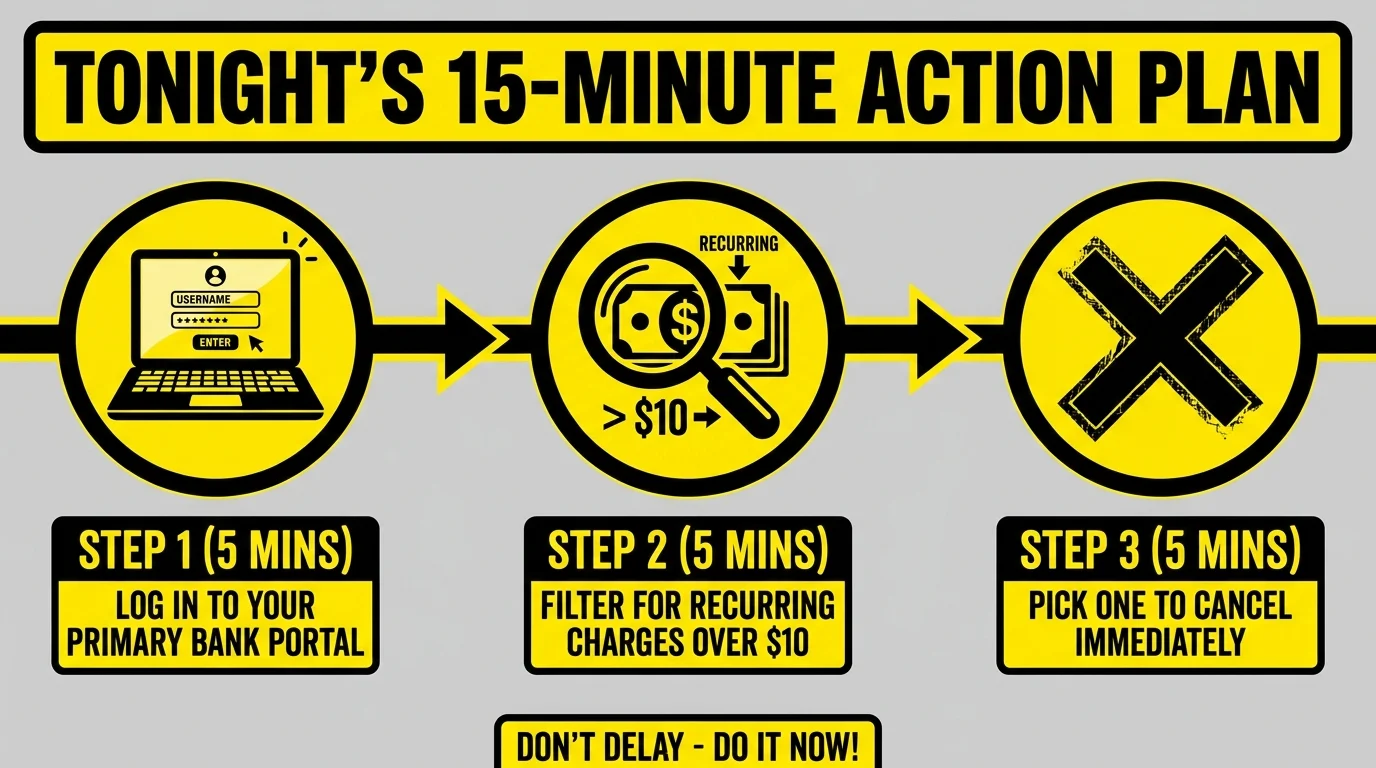 A three-step horizontal infographic timeline for a 15-minute budget audit and cancellation process.