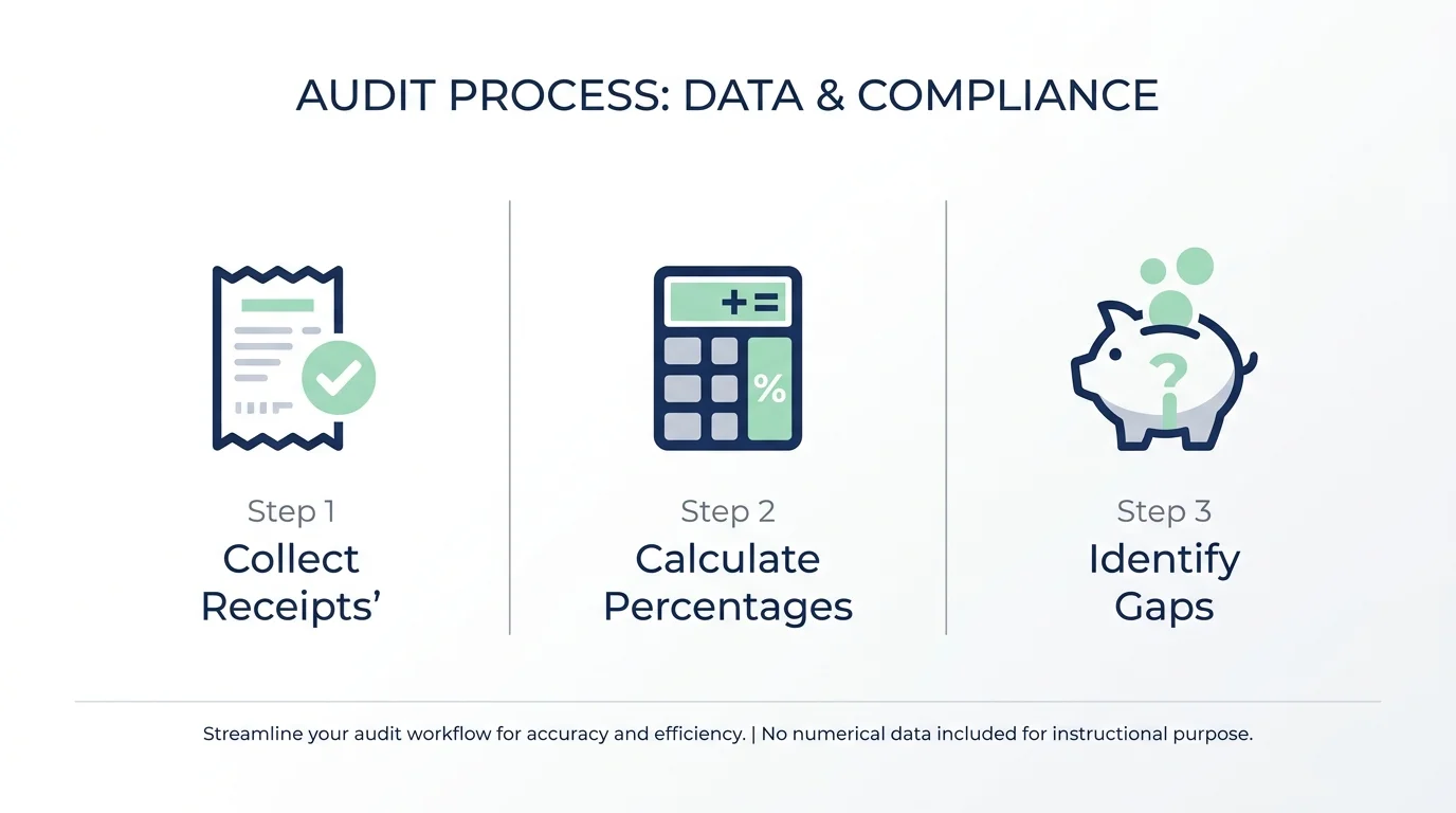 A three-step infographic showing how to perform a grocery cash-flow audit using receipts and a calculator.
