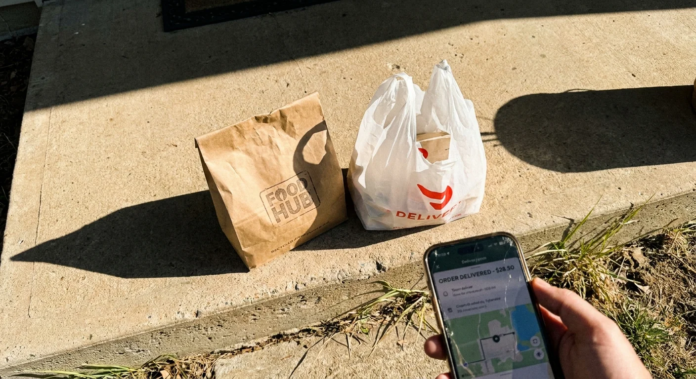 A top-down photo of two different delivery bags on a concrete step next to a smartphone showing a receipt.