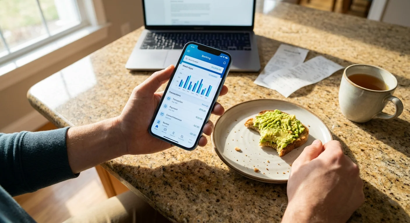 A top-down snapshot of a person using a banking app on a smartphone at a kitchen counter next to a cup of tea.
