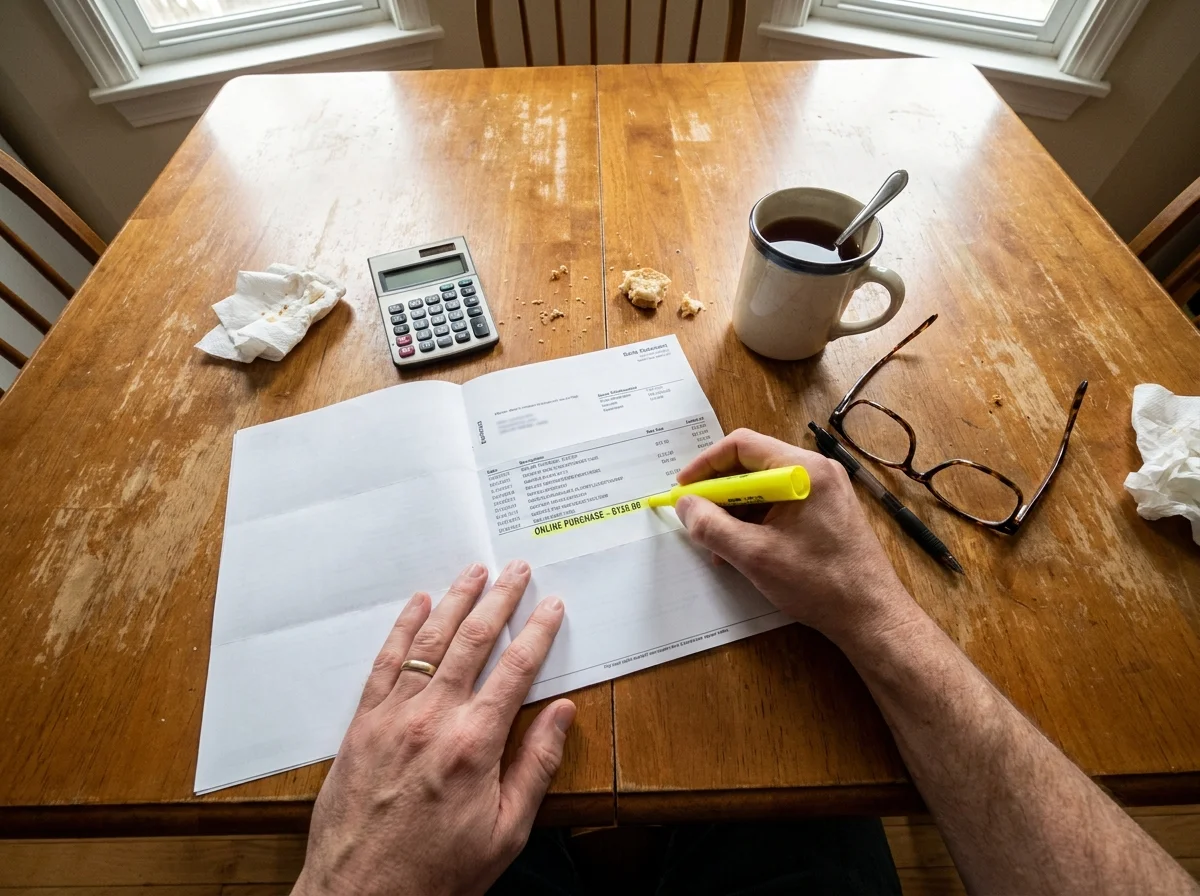 A top-down view of a person highlighting a bank statement on a wooden table.