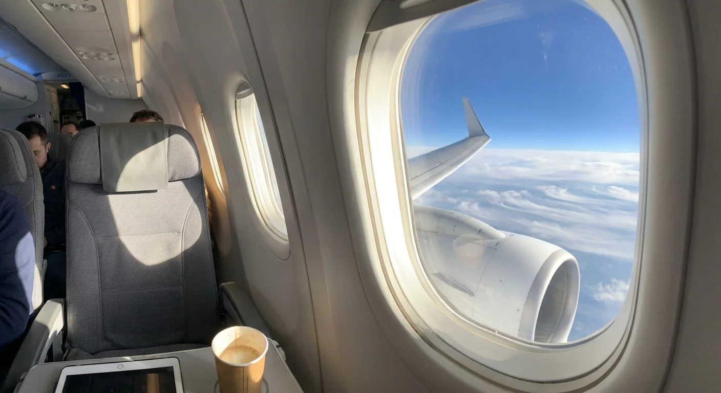 A view from an airplane window on a quiet Tuesday flight, showing the wing and a bright blue sky.