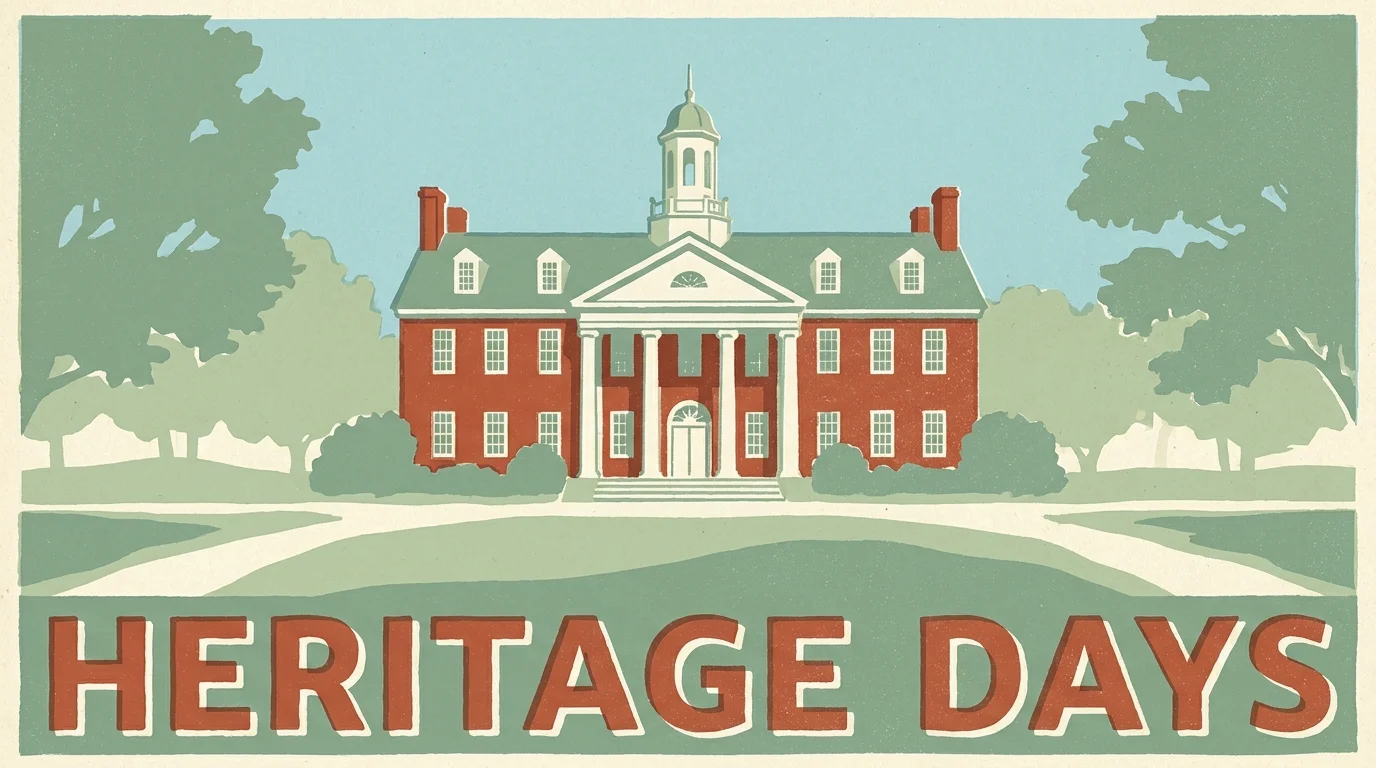 A vintage-style screenprint illustration of a historical building with the text 'Heritage Days'.
