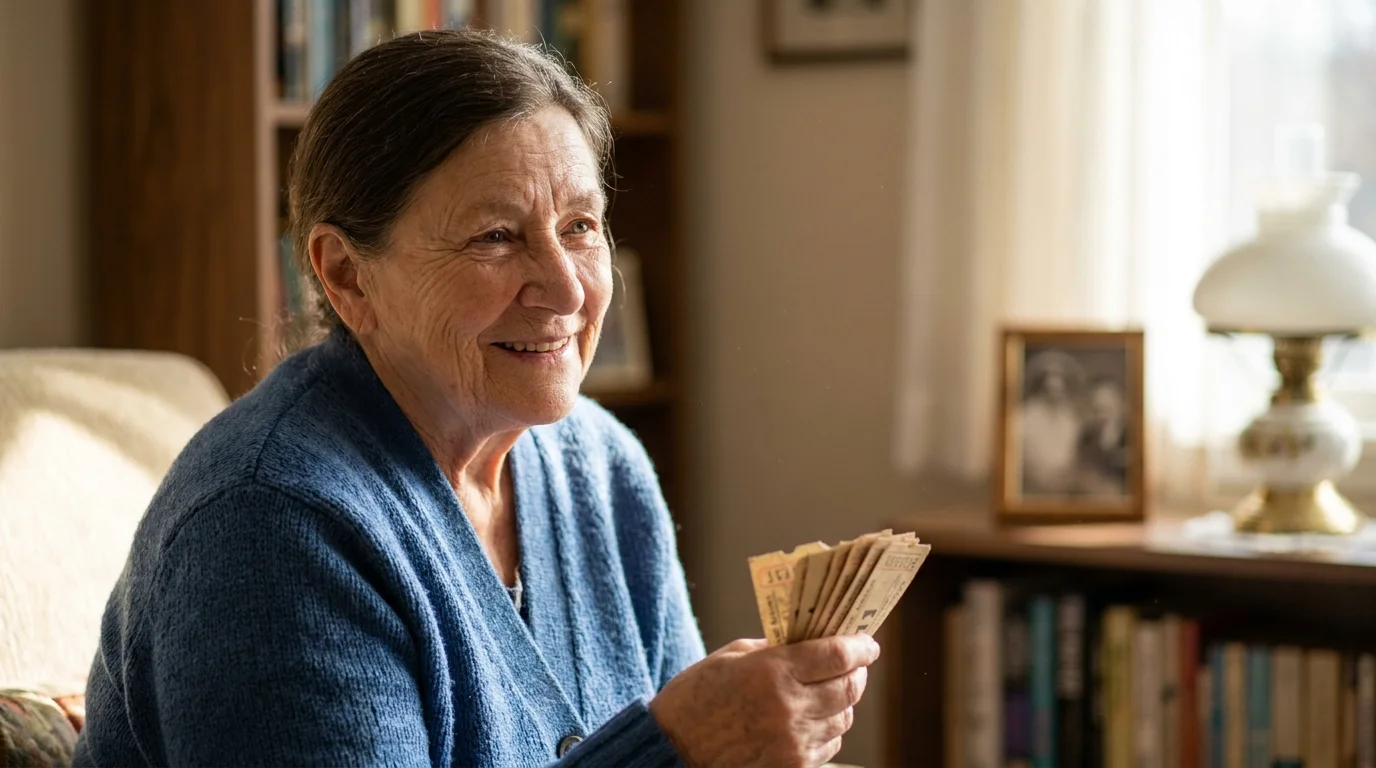 A warm portrait of a smiling senior woman in her sunlit home, holding a collection of event ticket stubs.