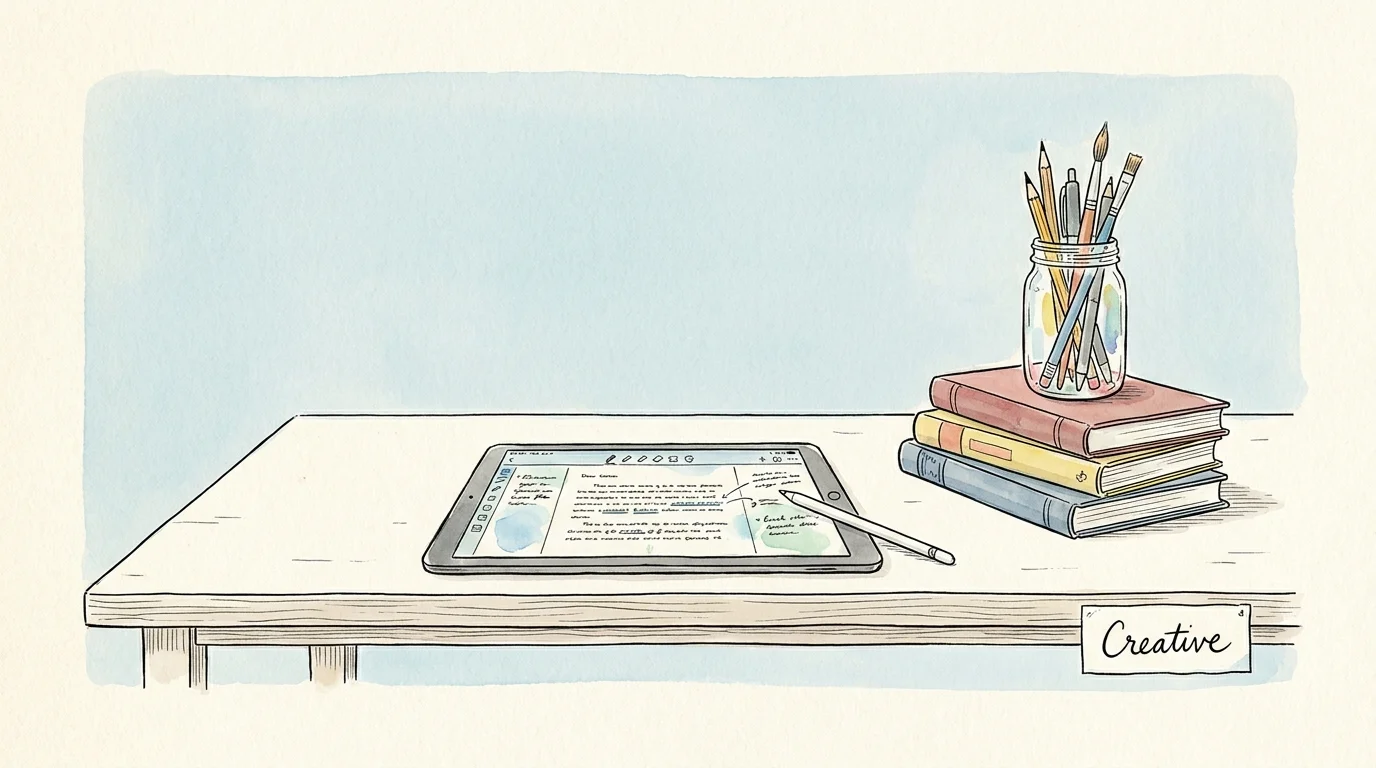 A watercolor illustration of a tablet with a stylus, a stack of books, and a jar of pencils on a clean desk.