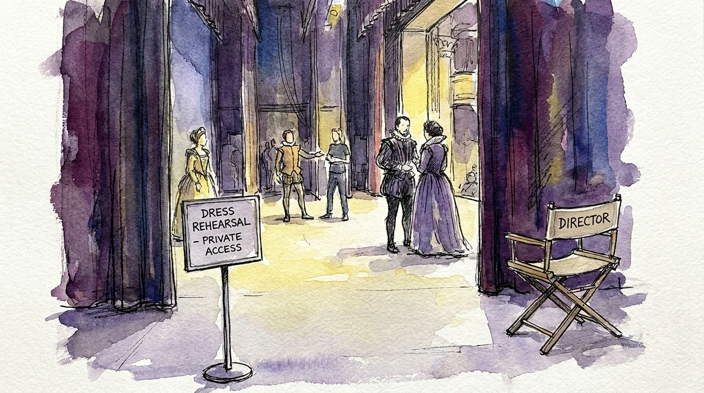 A watercolor sketch of a theater stage during a dress rehearsal with a sign indicating private access.