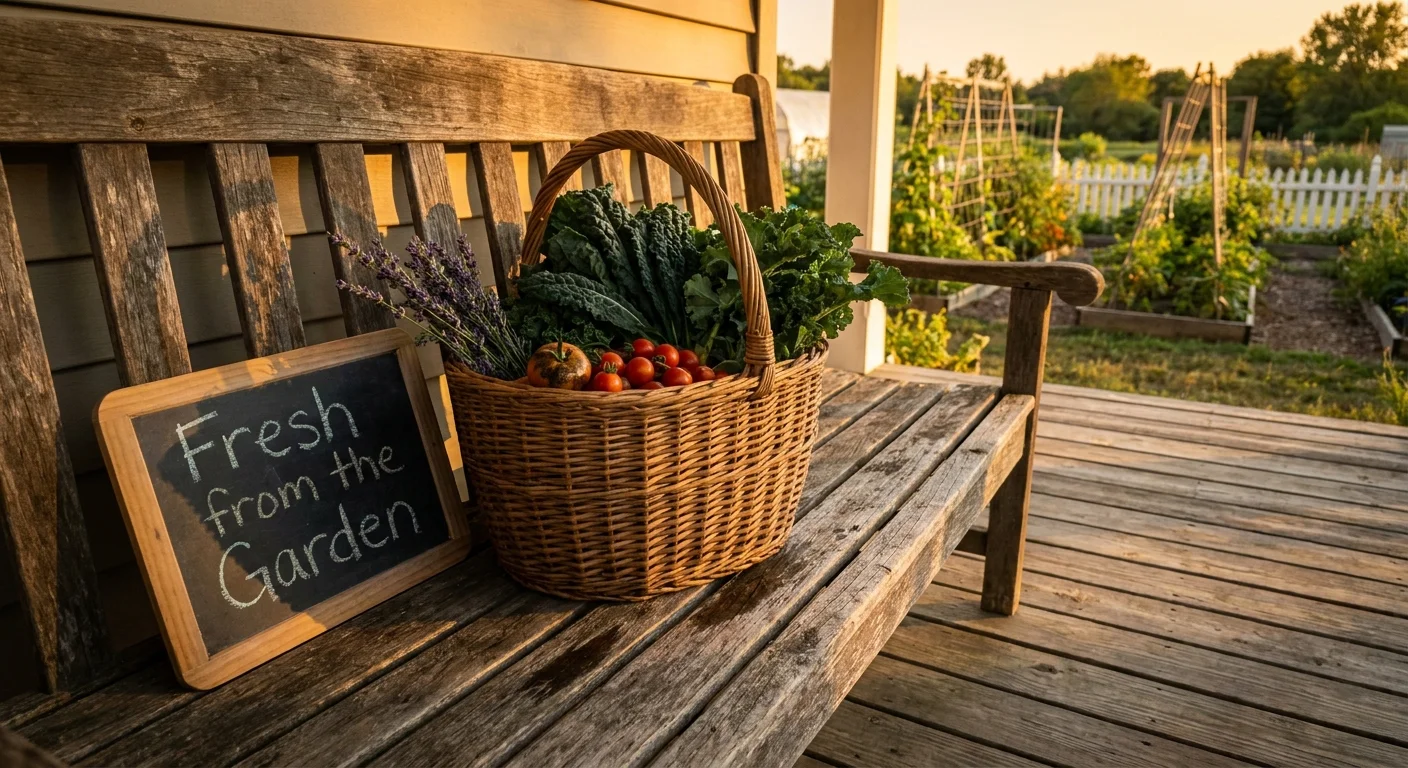 A wicker basket of fresh garden vegetables and a 'Fresh from the Garden' sign sit on a sunlit wooden porch.
