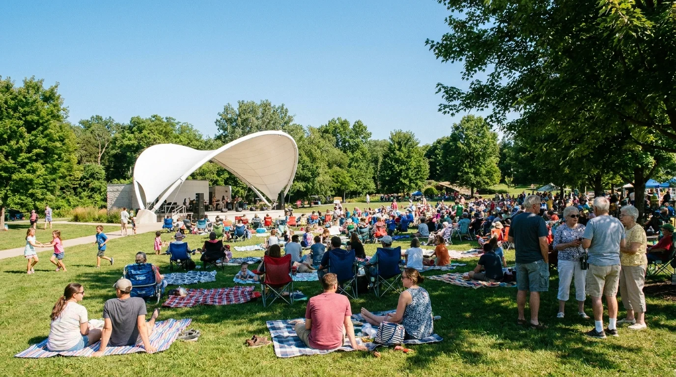 A wide view of a crowded public park during a free municipal concert under a bright blue sky.