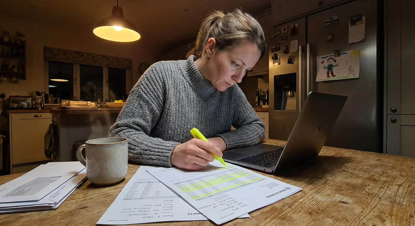A woman at her kitchen table at night, auditing bank statements with a highlighter and laptop to find monthly savings.